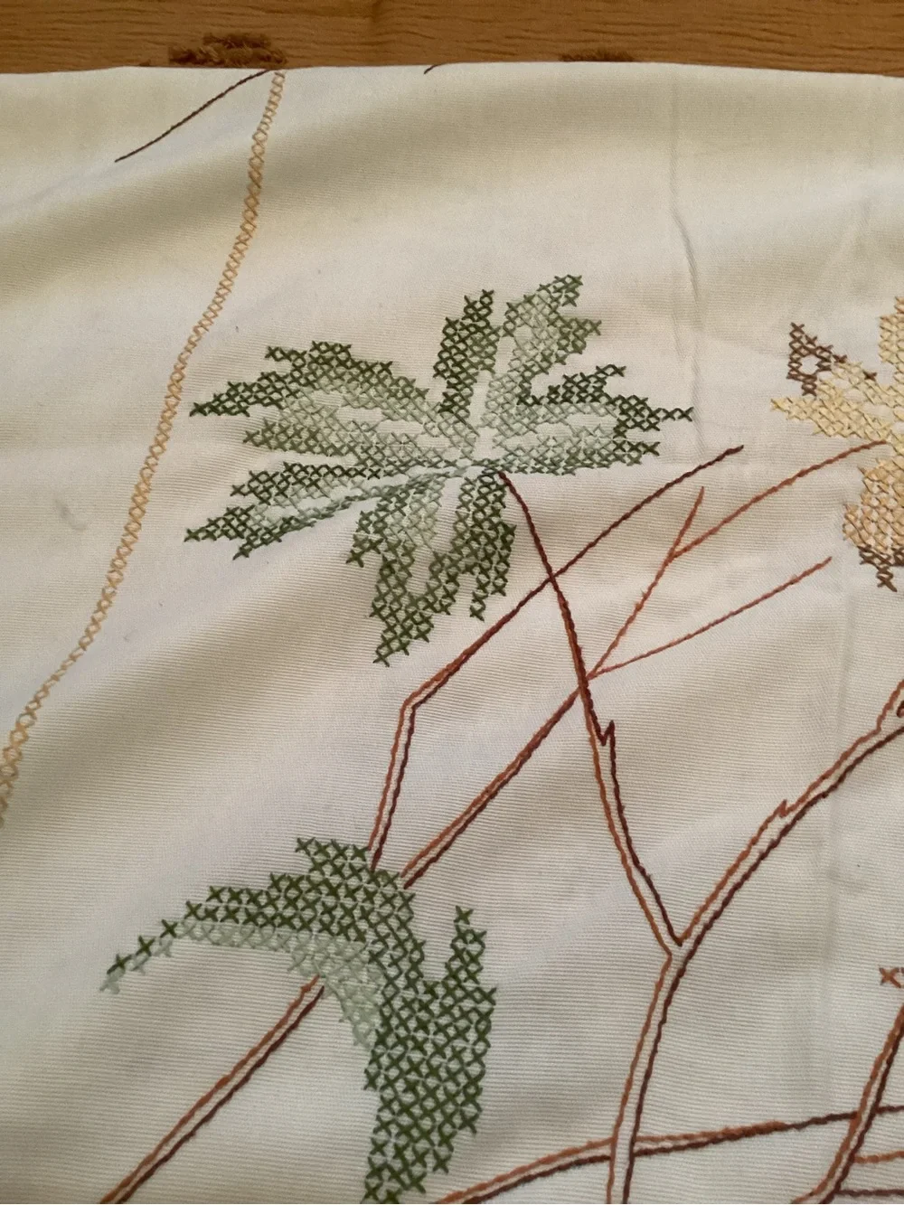 Handmade Embroidered Autumn Leaf Tablecloth - Cream with Fall Leaves 66x50